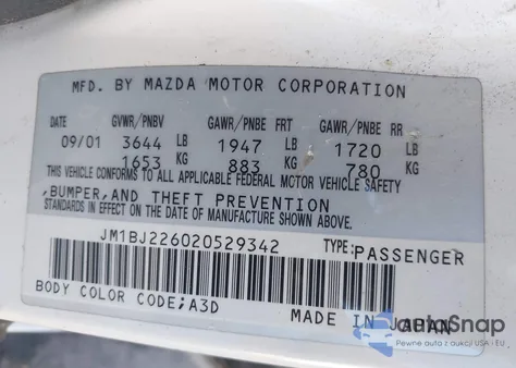 2002 Mazda Protege Dx/Es/Lx z USA, uszkodzony, nr VIN JM1BJ226020529342